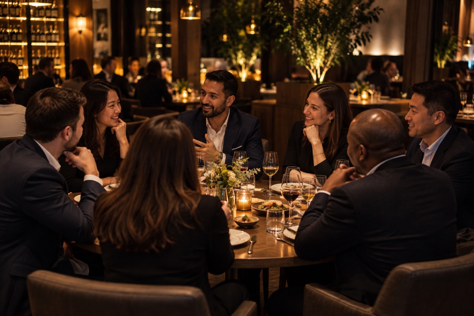 Professionals seated around a restaurant table in conversation