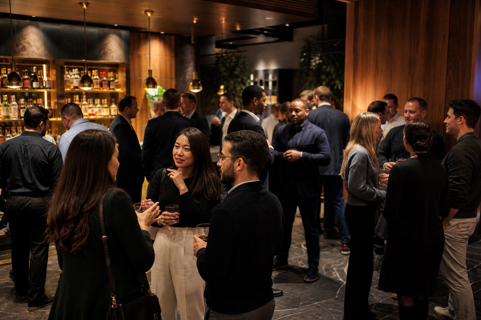 Professionals socializing in small groups at an evening mixer