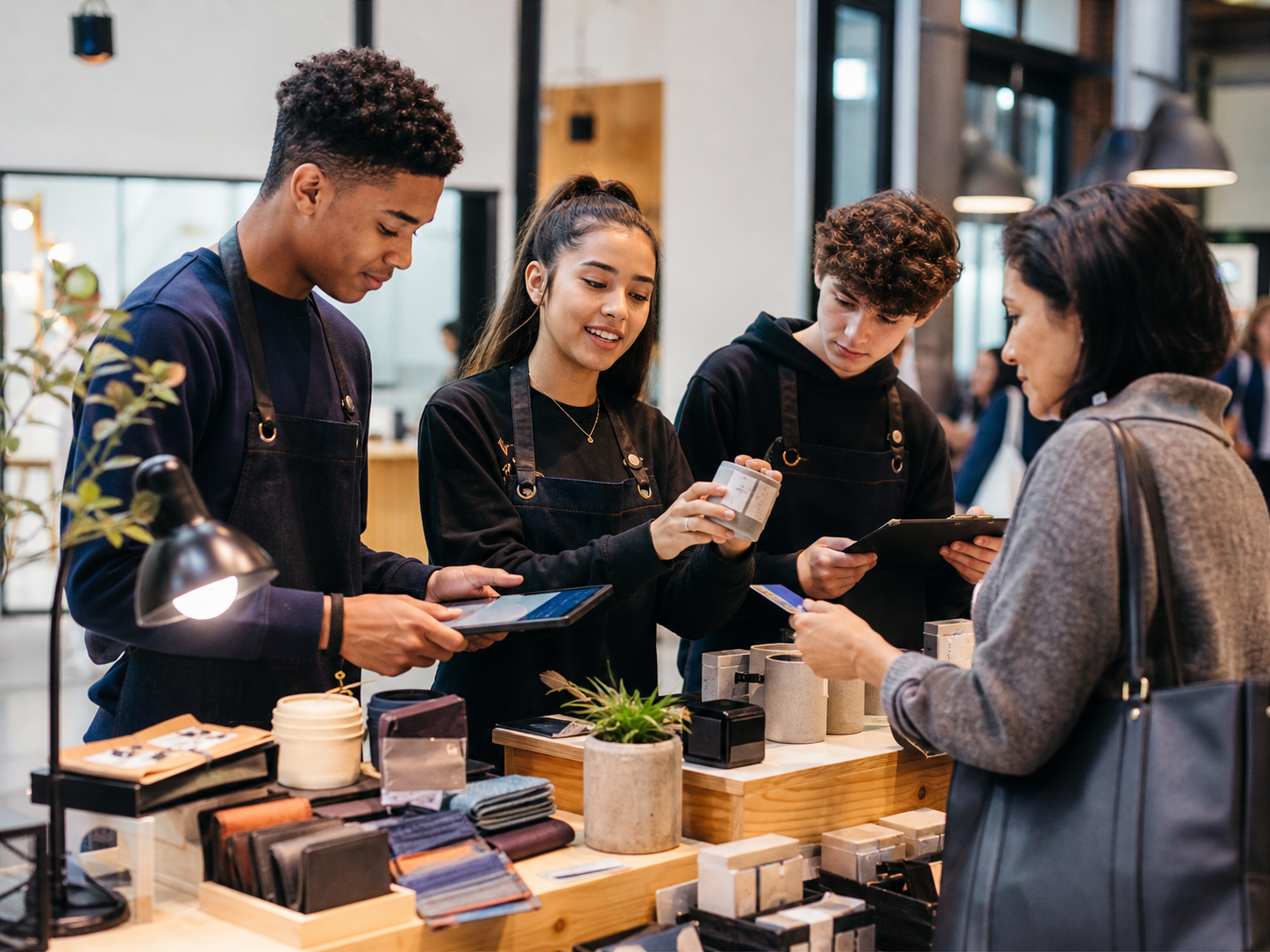 Young entrepreneurs operating a pop-up business and serving a customer